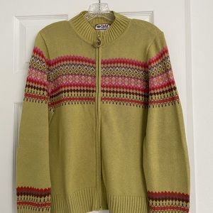 Cardigan LG zip front, ramie/cotton mock neckline. Neck to hem 23".  Smoke free.